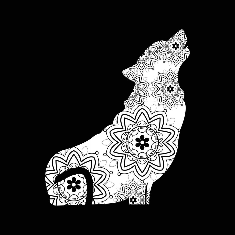 Mandala Wolf Silhouette Howling in Black , Mandala Wolf coloring page vector