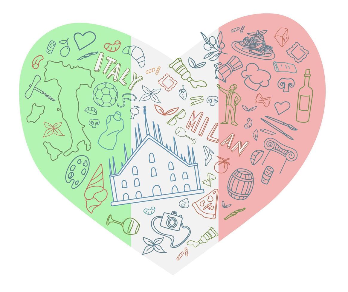 Tourism design icon of the famous city of Milan on heart background. illustration vector