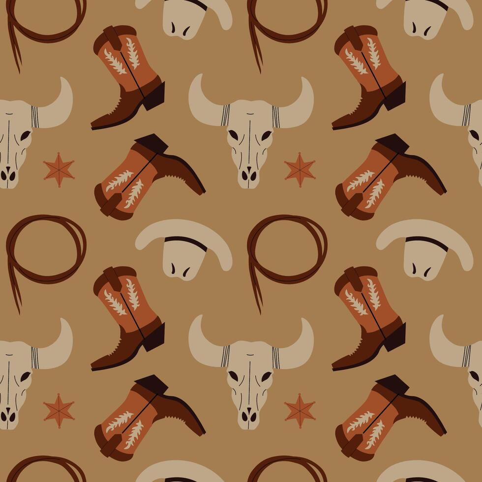 Hand drawn seamless pattern with cowboy wild west theme elements. Flat repeating background with cowboy hat, boots, sheriff badge, bull head, lasso whip. For textile, print, card, flyer, paper vector
