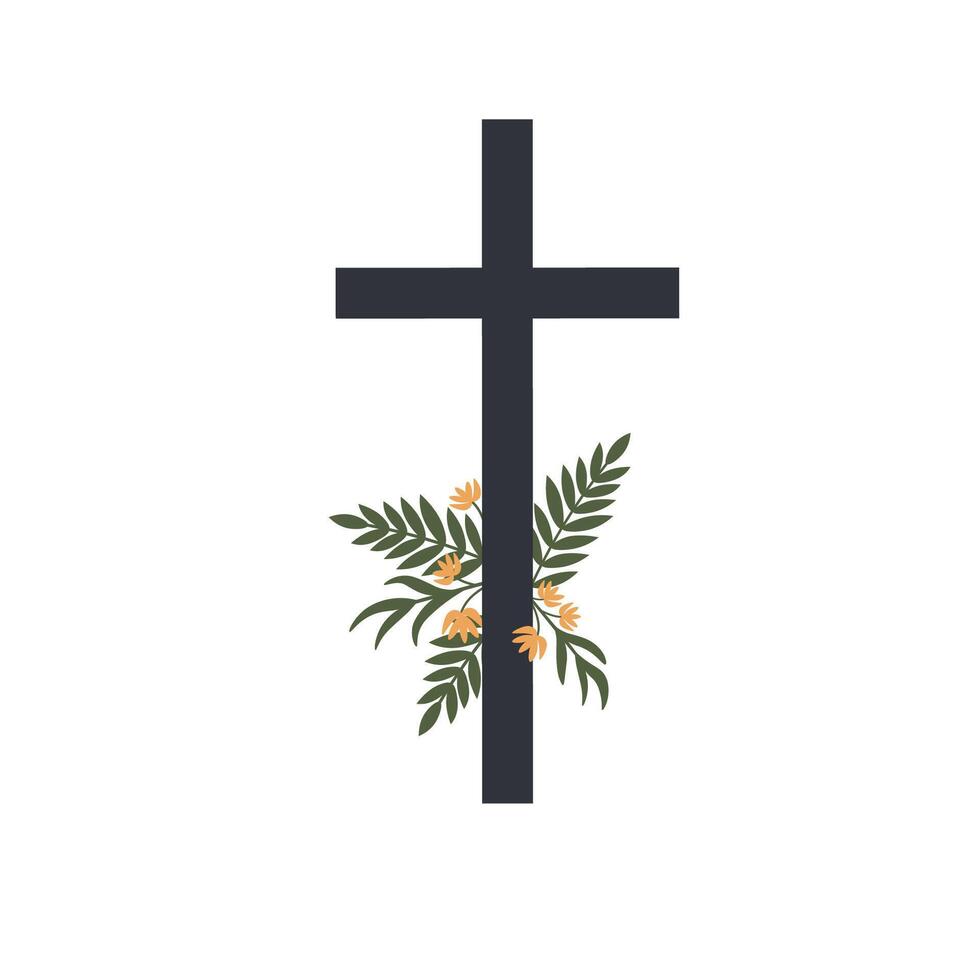 Hand drawn cross with flowers. Symbol for Christians events, Funeral service, Easter. Design for church holiday, condolence of death, funeral attribute. Flat Illustration on isolated background vector