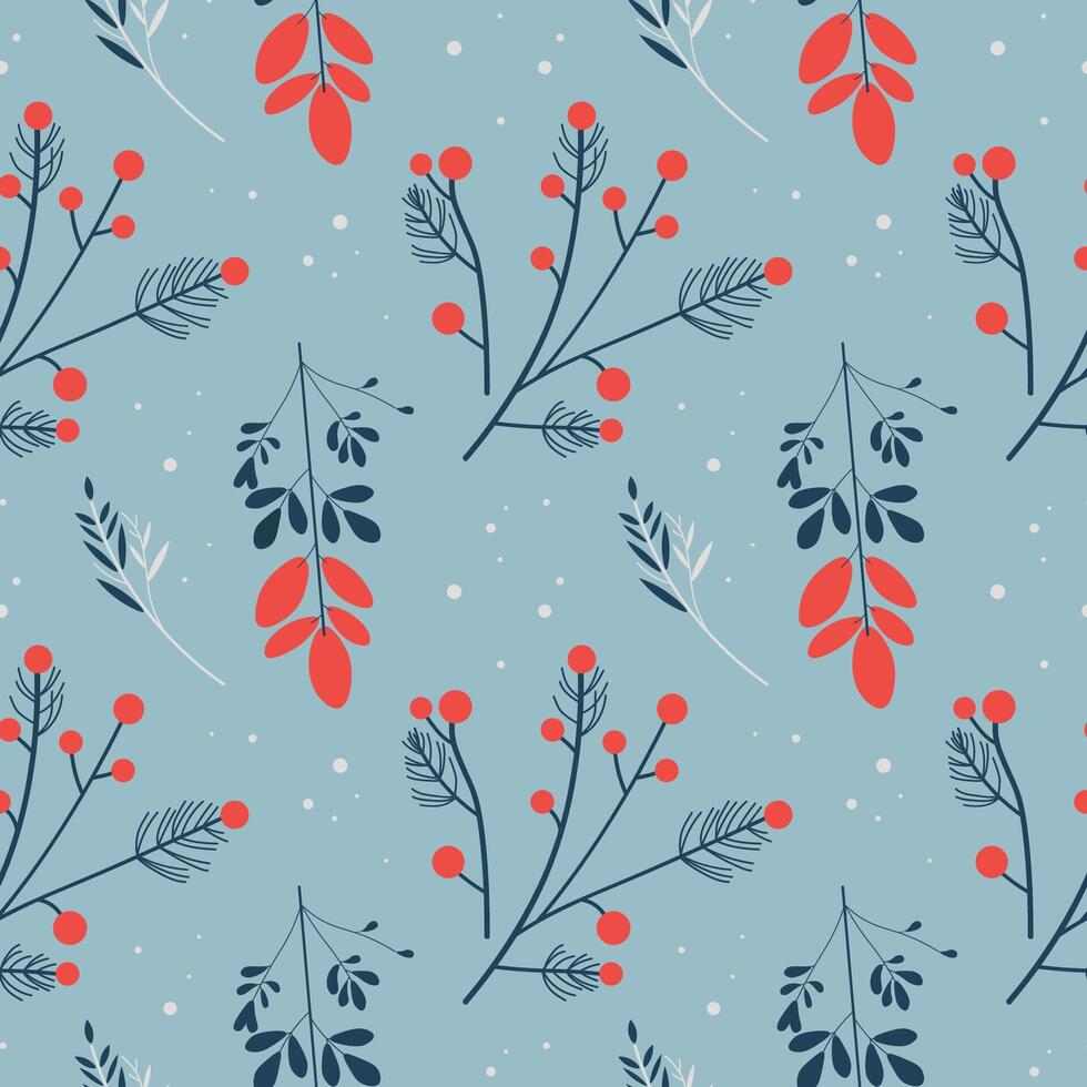 Repeating boho background with winter plants, snowflakes, flower and snow. Seamless pattern with wintering nature, floral motif for New Year. Design for wrapping, card, flyer, template, print, paper vector