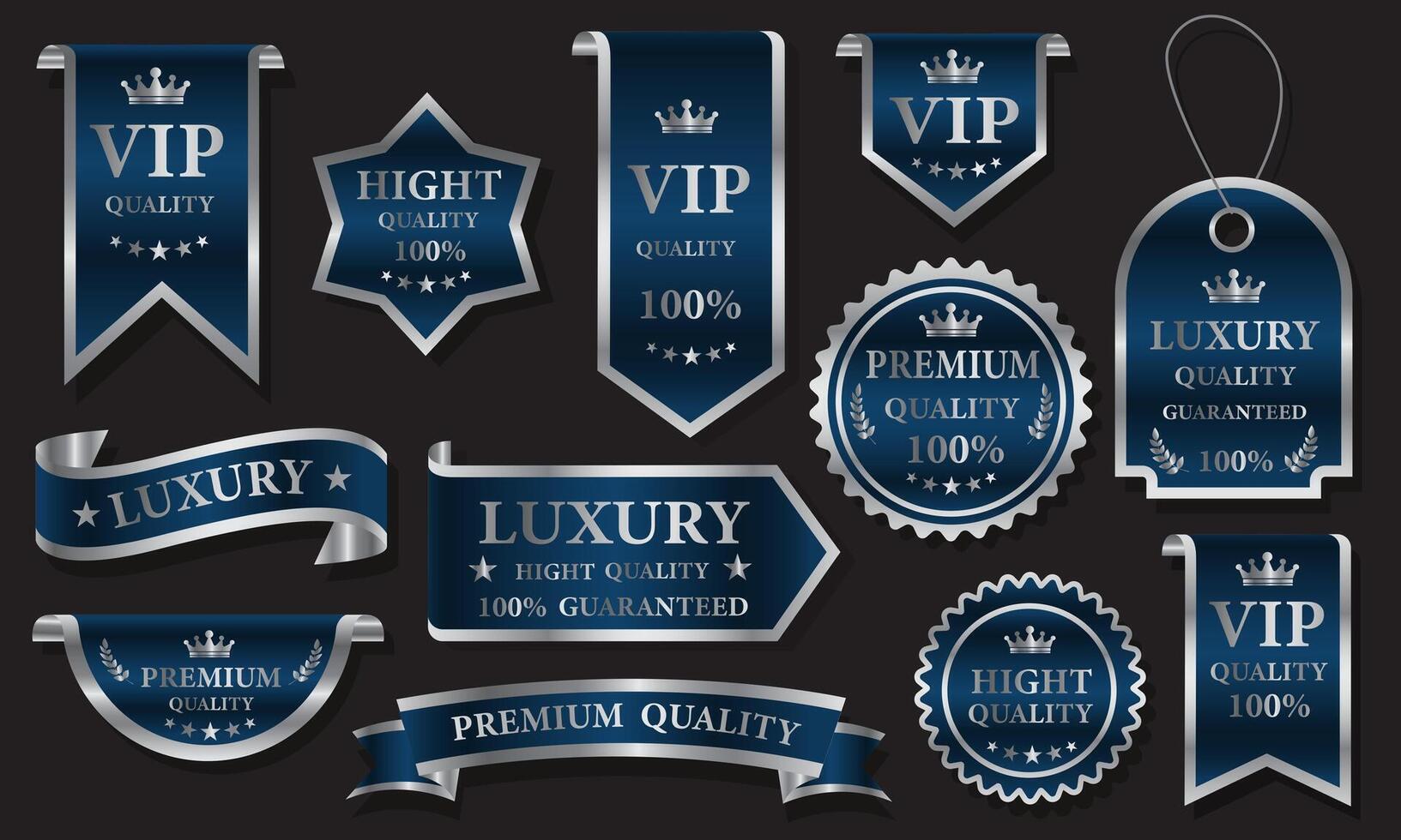 Blue silver luxury premium quality label badges on grey background vector