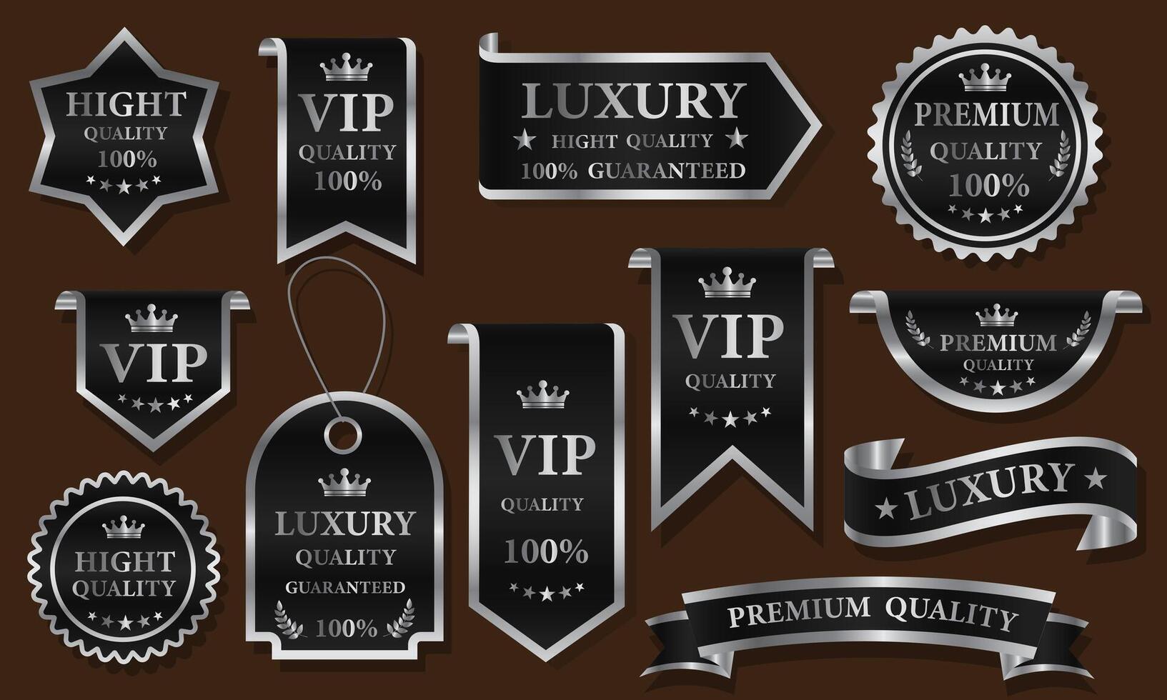 Black silver luxury premium quality label badges on brown background illustration. vector