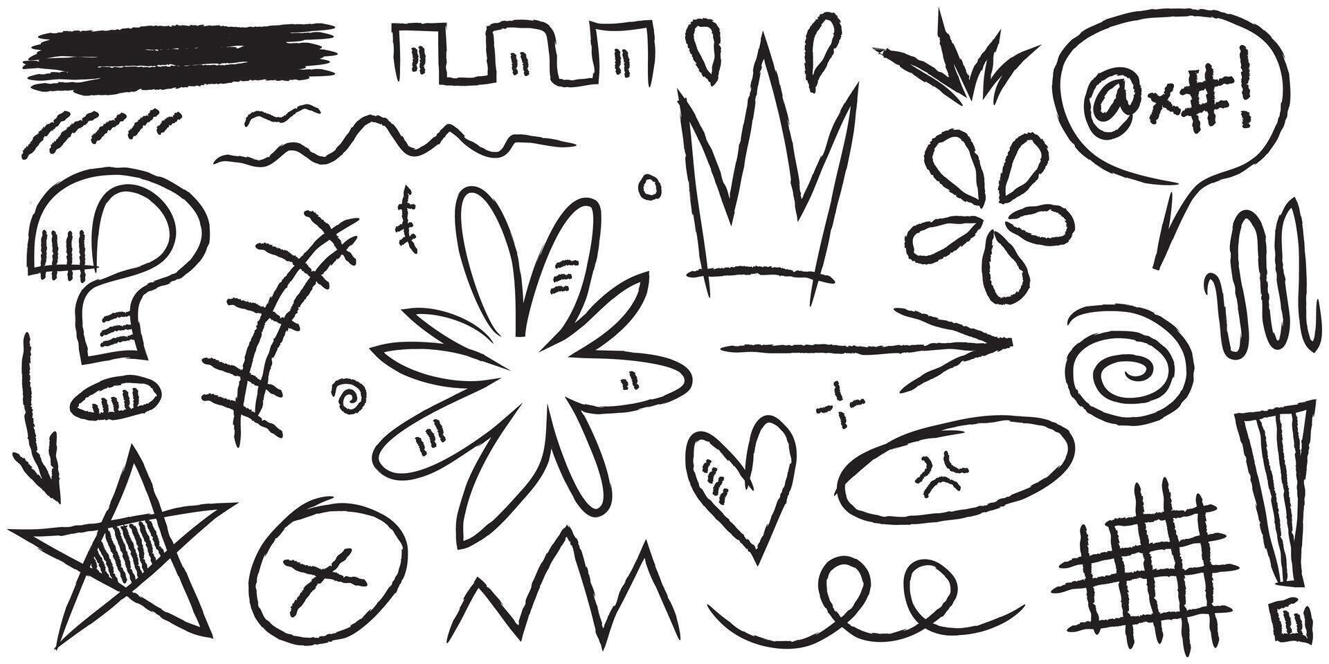 Doodle set of hand-drawn cartoony expression sign doodle, curve directional arrows, emoticon effects design elements, cartoon character emotion symbols, cute decorative brush stroke lines. vector