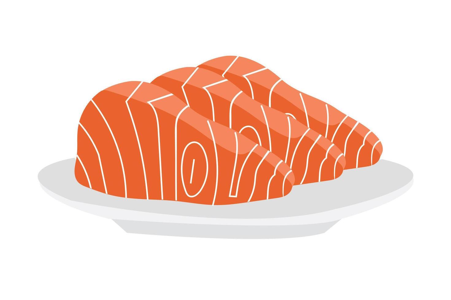 Slices of Salmon fis ih with platesolated on white background. Illustration in cartoon flat style. Seafood icon. Japanese delicacy Fresh raw fish Sashimi vector