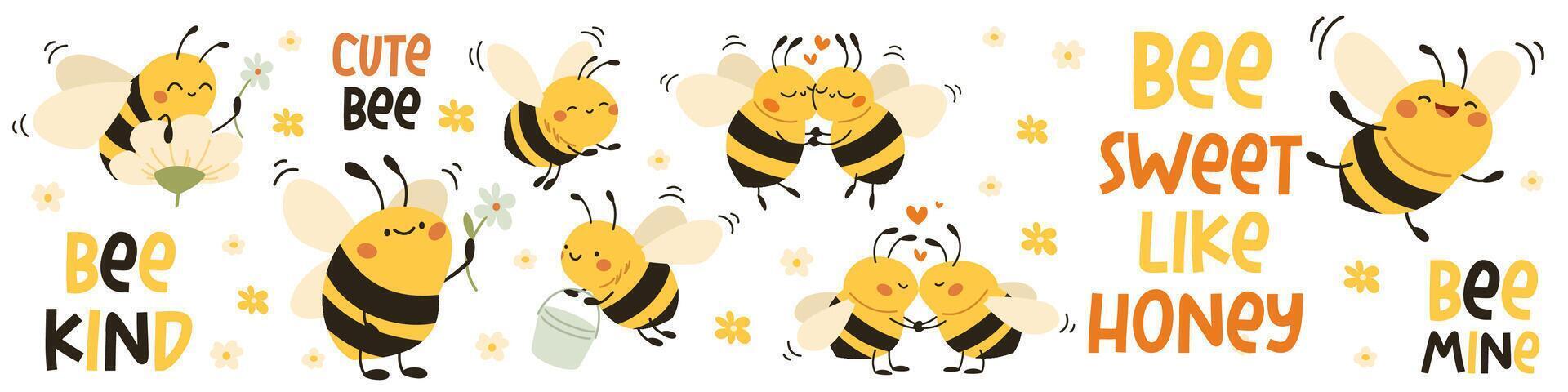 collection of cute children's illustrations. Cute bees collecting honey, hugging kissing and flying. A set of lettering and lettering with a bee theme. vector