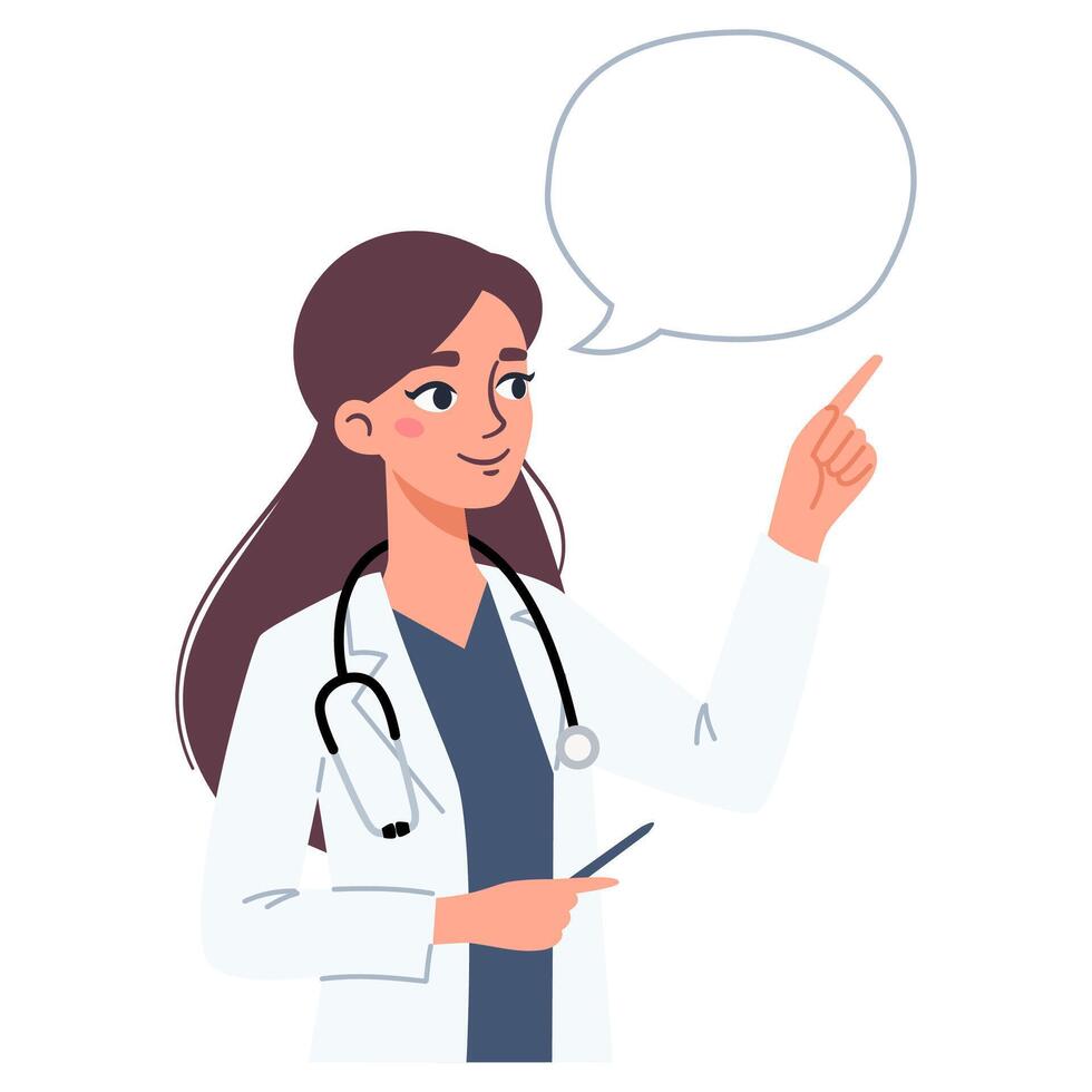 Flat illustration on white background. Woman doctor is pointing with finger. Speech bubble and lettering for your text vector