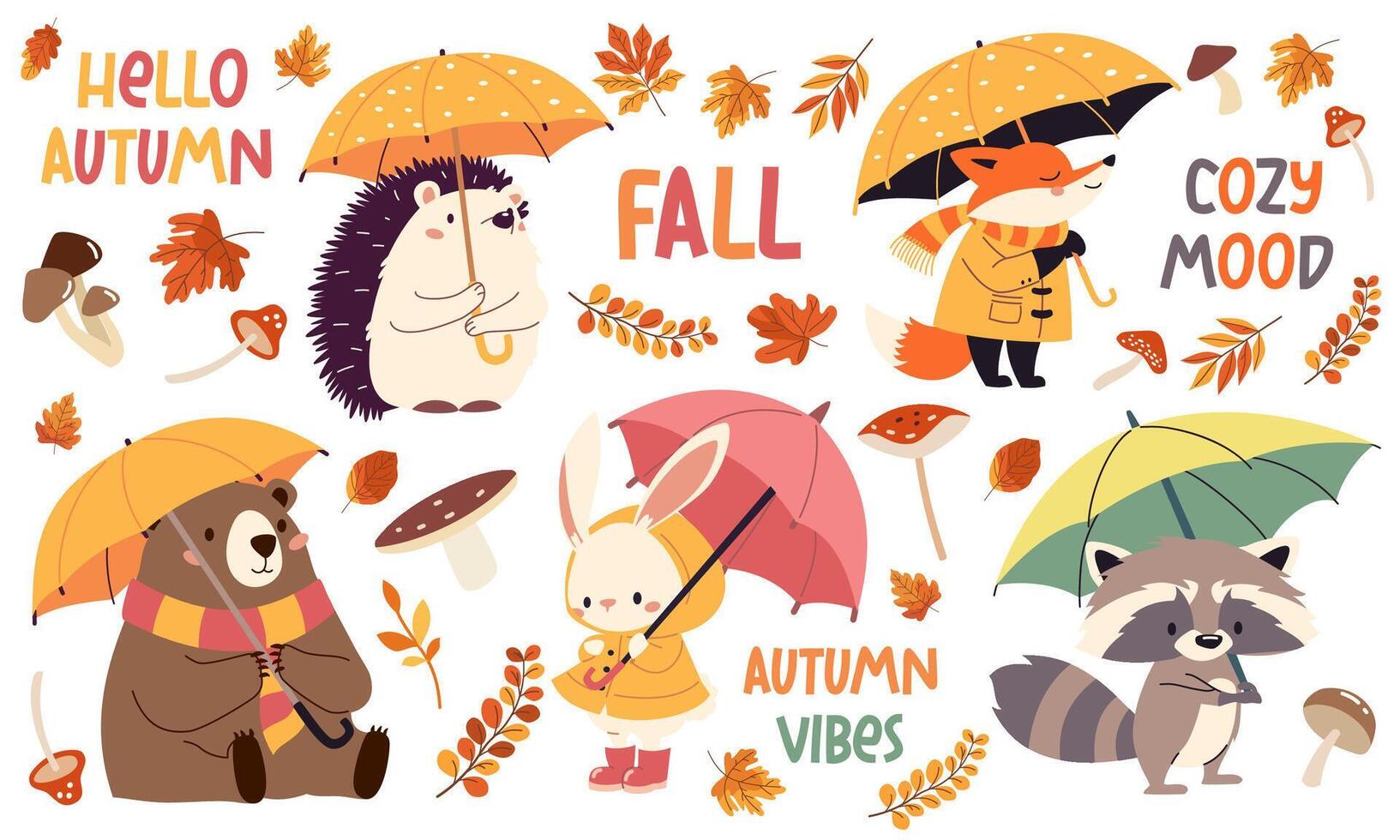Set of flat illustrations in children's style. Cute animals in raincoats and with umbrellas. Hedgehog fox bear raccoon hare in the rain, fall leaves. Autumn-themed inscriptions and lettering vector