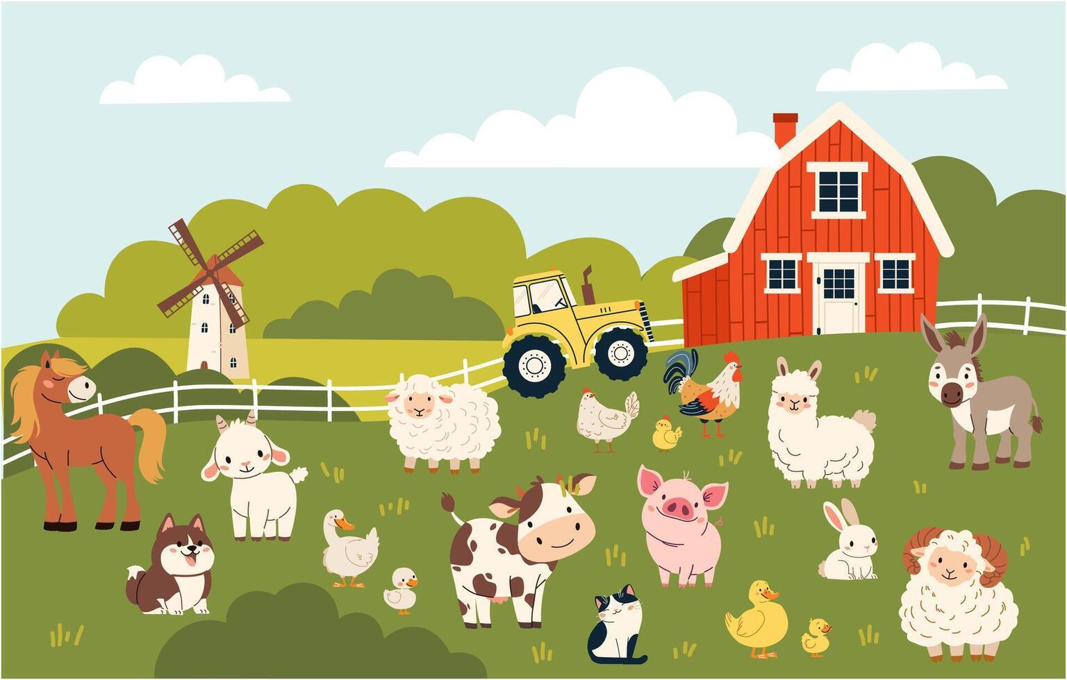 Set of flat illustration on white background. Domestic farm animals. Cow pig lamb sheep sheep horse dog cat goose duck hen rooster goat. Farm landscape vector