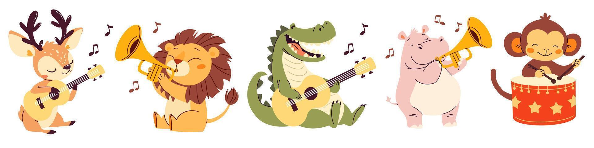 Set of flat in child style on white background. Cute hippo lion reindeer monkey playing musical instruments. Trumpet harmonica accordion bayan drums guitar vector