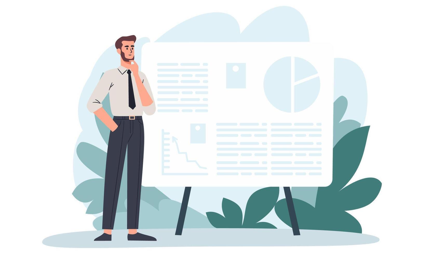 Flat illustration. Man in a pensive pose standing in front of a large banner, making a presentation, thinking over a problem vector
