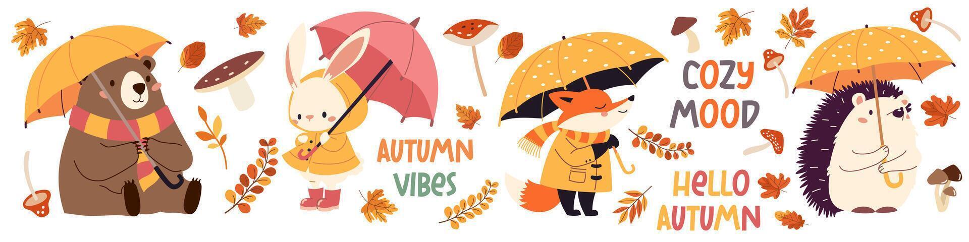 Set of flat illustrations in children's style. Cute animals in raincoats and with umbrellas. Hedgehog fox bear raccoon hare in the rain, fall leaves. Autumn-themed inscriptions and lettering vector