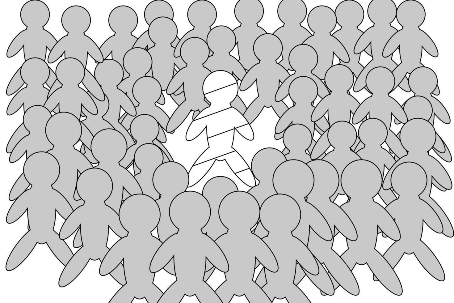 Outline illustration of a unique individual standing out in a crowd. Ideal for coloring, promoting individuality and diversity. vector