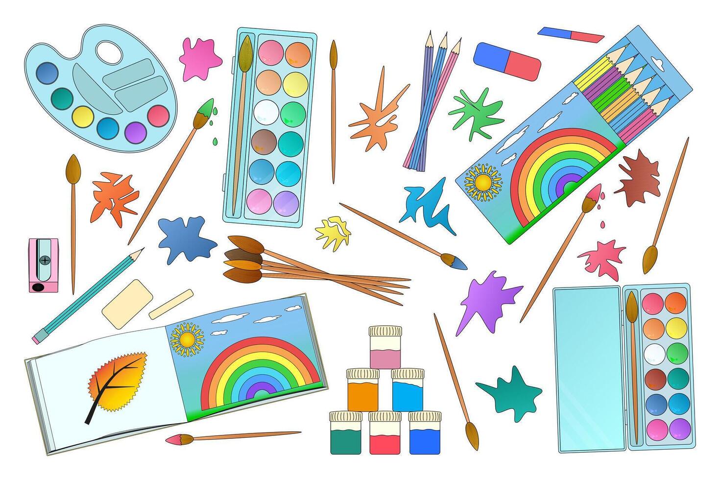 illustration of various art supplies including paints, brushes, and pencils, perfect for back-to-school designs and creative projects. vector
