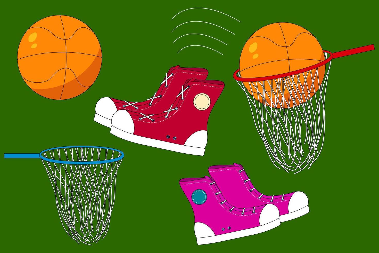 Vibrant sports-themed set featuring basketballs, sneakers, and hoops. Ideal for back-to-school promotions and sports design projects. vector