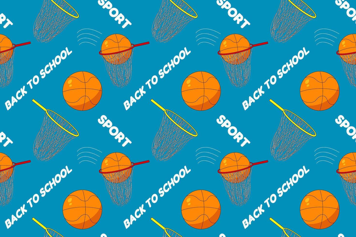 A vibrant seamless pattern with basketballs, hoops, and text for back to school sports and education themes. vector