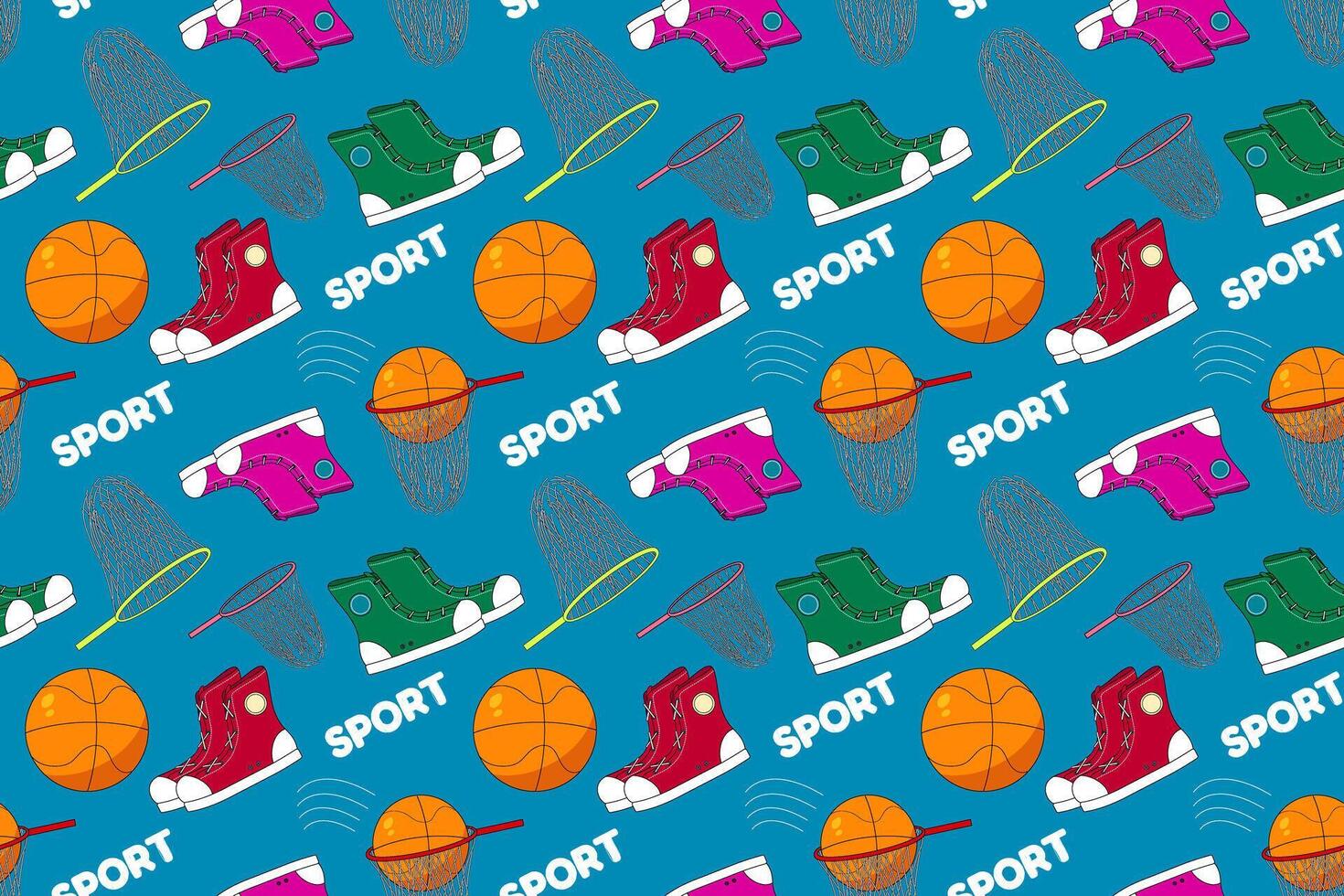 Vibrant pattern featuring sports gear, including basketballs, sneakers, and nets, perfect for back-to-school themes and sportswear designs. vector