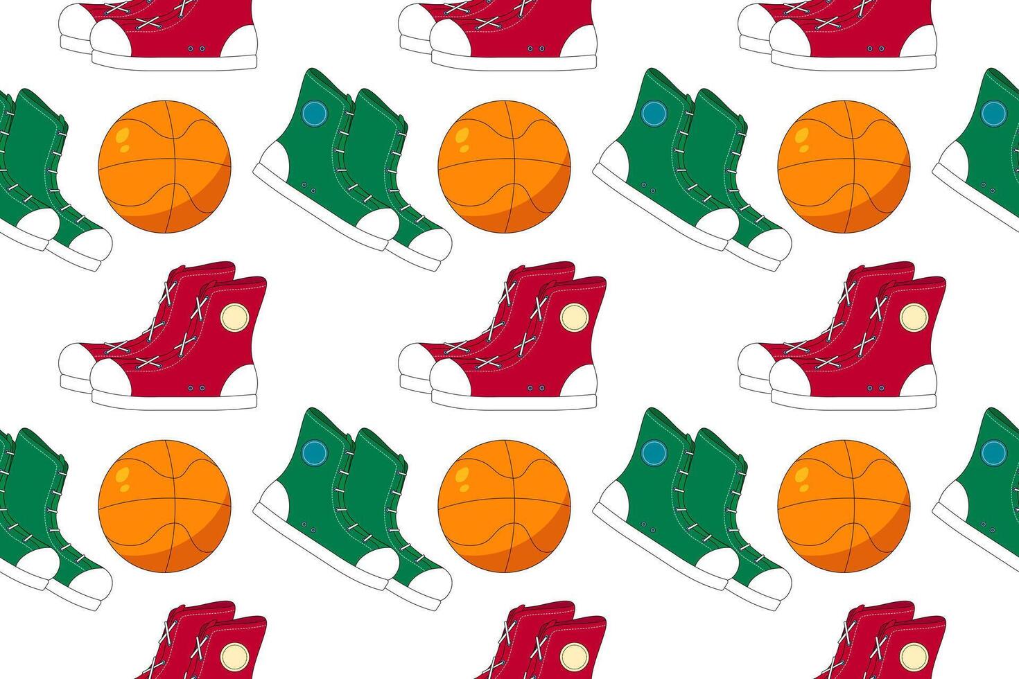 Seamless pattern featuring colorful sneakers and basketballs, perfect for back-to-school and sports-themed designs. vector