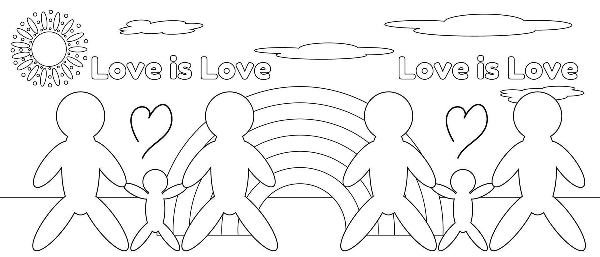 Explore love in every form with this coloring page featuring LGBTQ families under a rainbow, ideal for teaching diversity and acceptance. vector