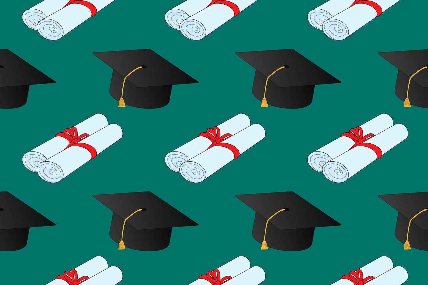 Explore this vibrant seamless pattern featuring graduation caps and diplomas on a green background, ideal for educational themes and celebrations. vector