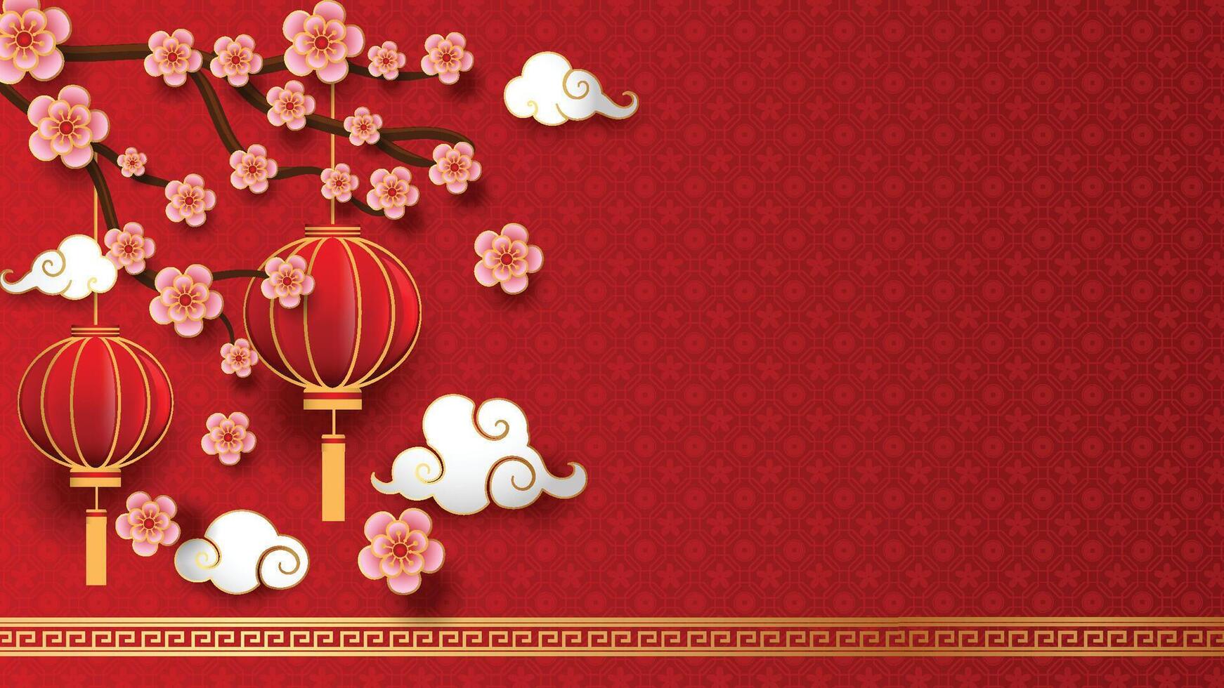 Happy Chinese New Year with Cherry blossom, clouds and lanterns on red vector