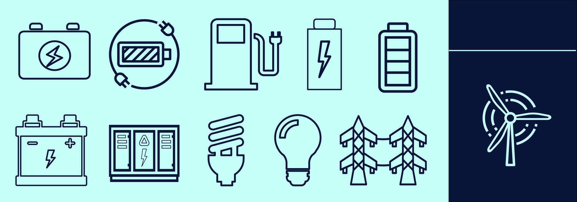 Energy line icon set for presentation, explanation, marketing. Silhouettes of smart grid, battery, lightbulb, relays and many more. Editable outline, size and color. vector