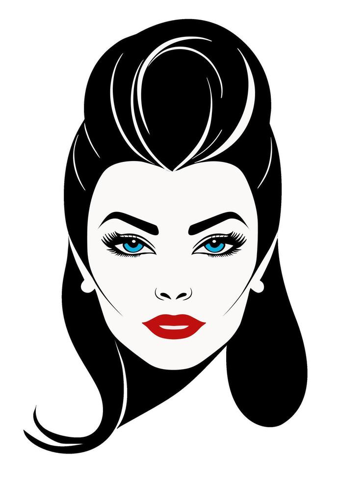 Beehive hairdo, bouffant big hair in front and loose in the back. Shoulder length hair style 1970s vector