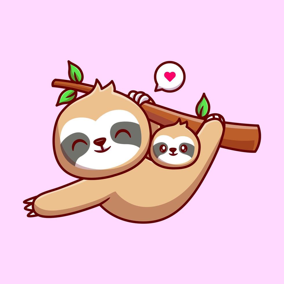 Cute Mom Sloth With Baby Sloth Hanging On Tree Cartoon vector