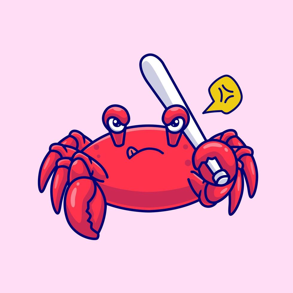 Cute Angry Crab Holding Baseball Stick Cartoon vector