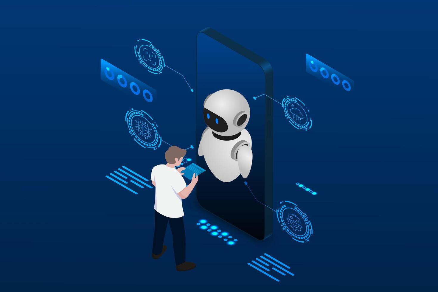 Isometric Artificial intelligence chip on a mobile phone with robot. Abstract digital technology innovation background. vector