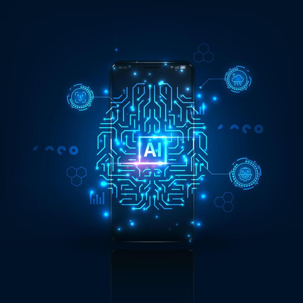 Artificial intelligence chip on a smart phone concept. Abstract digital technology innovation background. vector