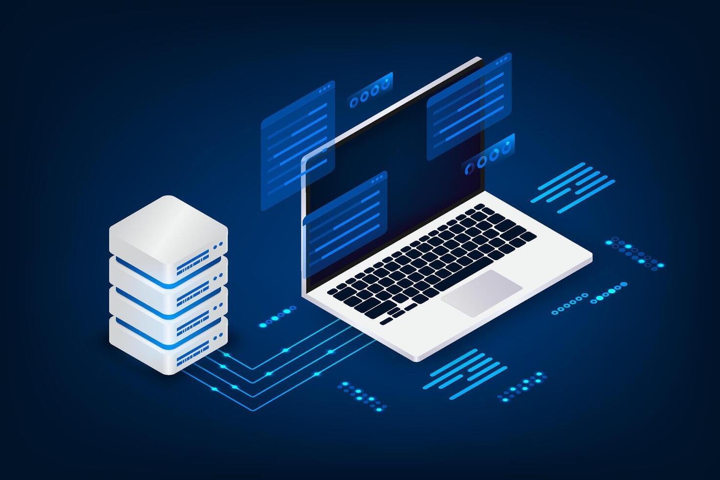 Isometric server cloud storage with laptop concept. vector