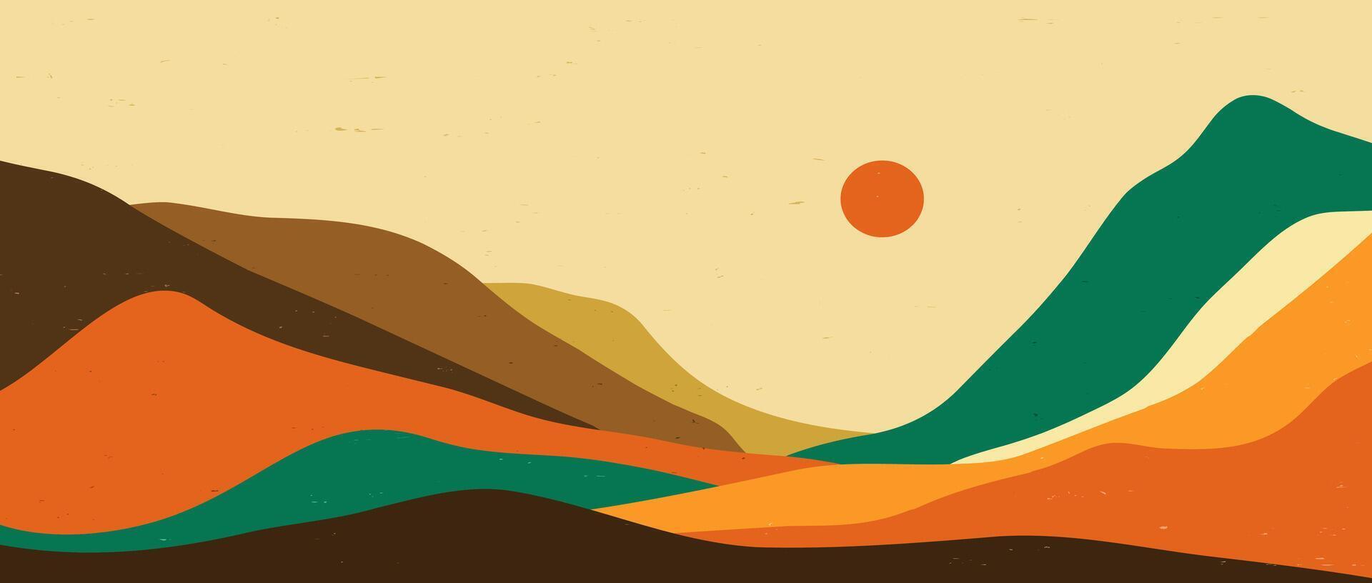 Abstract Mountain background. Mid century modern wall art. Illustration of Mountain, Hills, sun. use for print art, poster, cover, banner vector