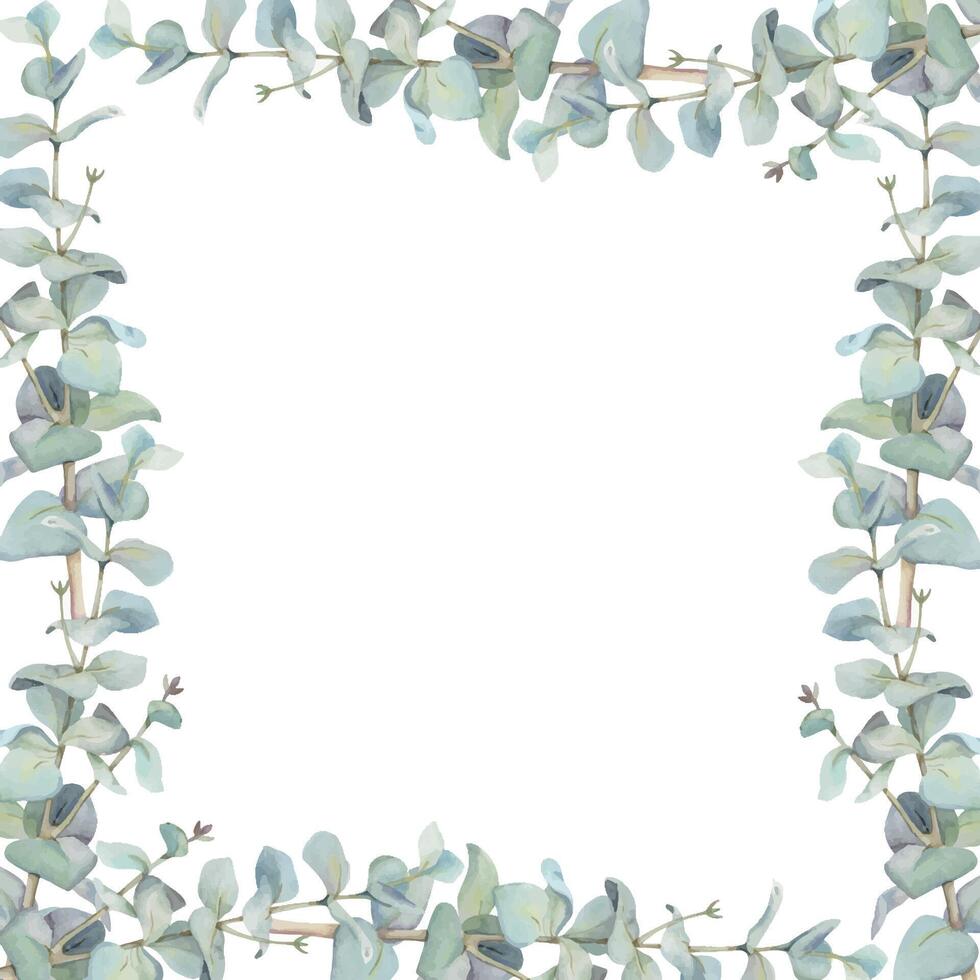 Eucalyptus laurel branches leaves with red berries. Watercolor hand drawn illustration, border frame isolated on white. Xmas, happy new year festive, noel navidad. Cards, gifts, florist shop, wedding. vector
