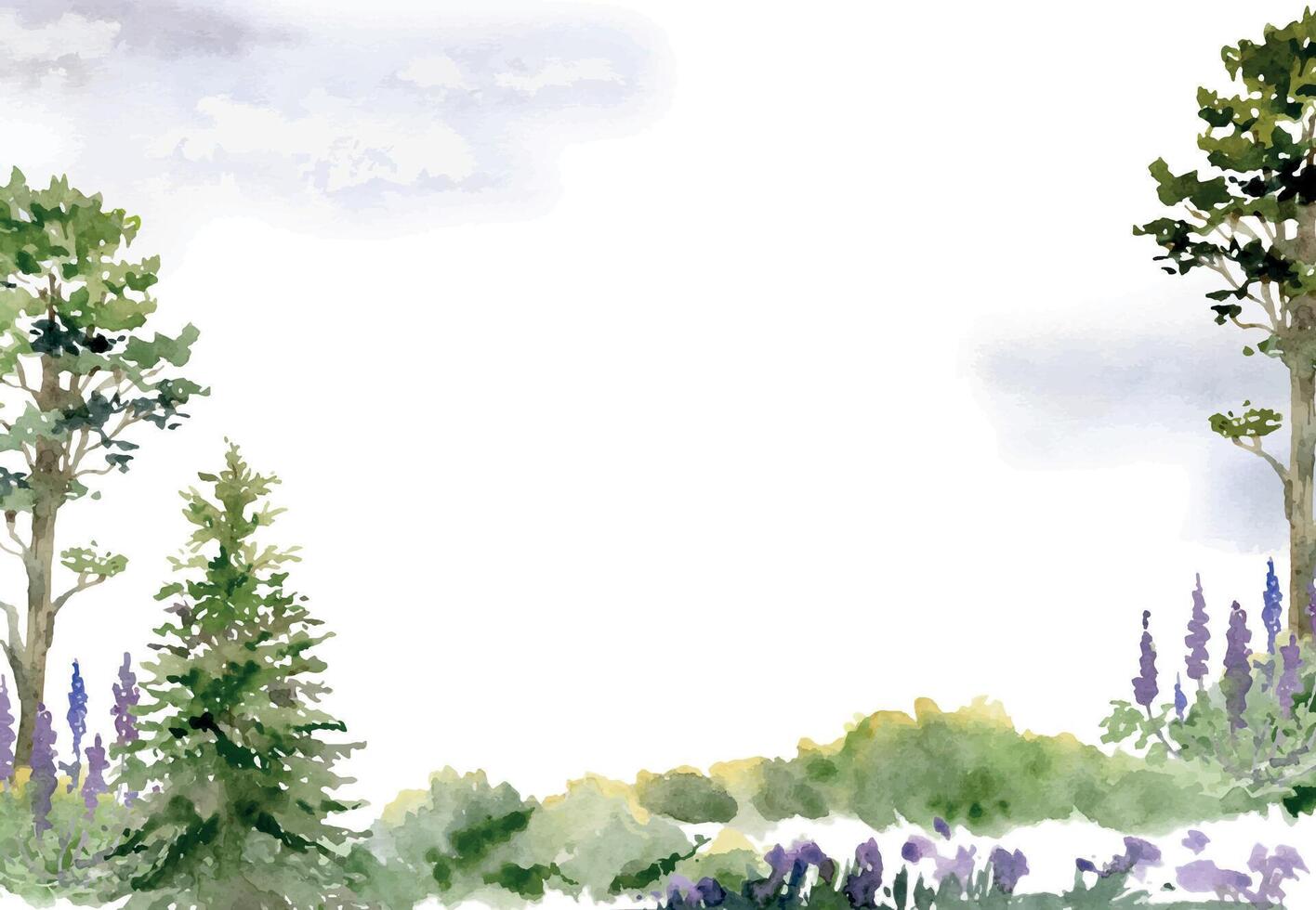 Scenery landscape, forest pine spruce tree, meadow grassland with bushes flowers, alpine vista rocks hand drawn in watercolor. Horizontal frame for tourism, resort ads, hiking camping sites vacation. vector