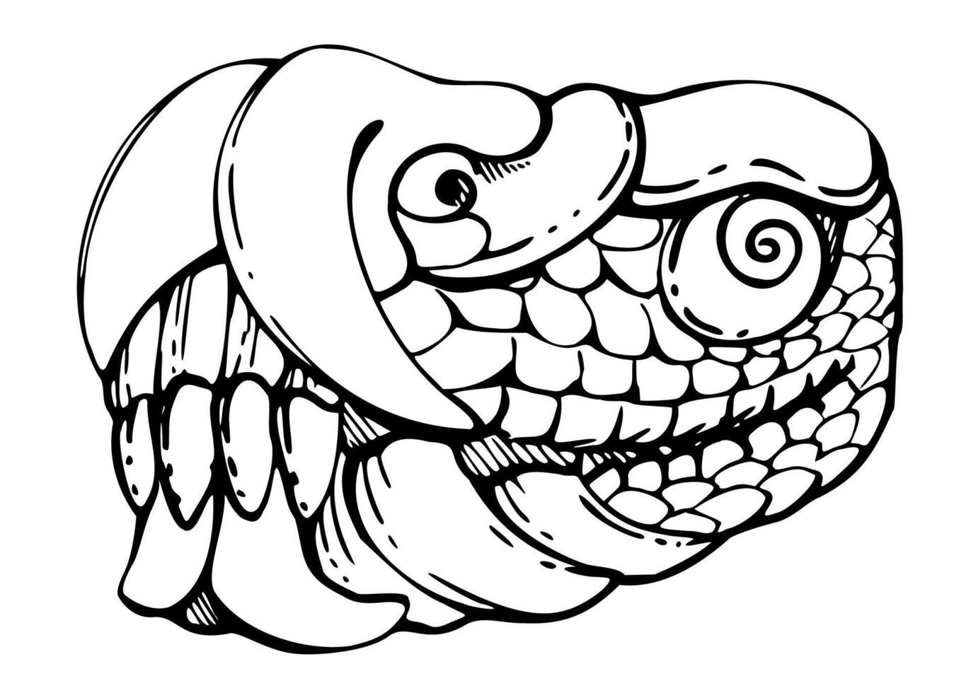 Mesoamerica symbol, dragon lizard head, Aztec carved sculpture, ancient religious god statue. Hand drawn ink illustration. Single element isolated on white. Design travel, vacation, brochure vector