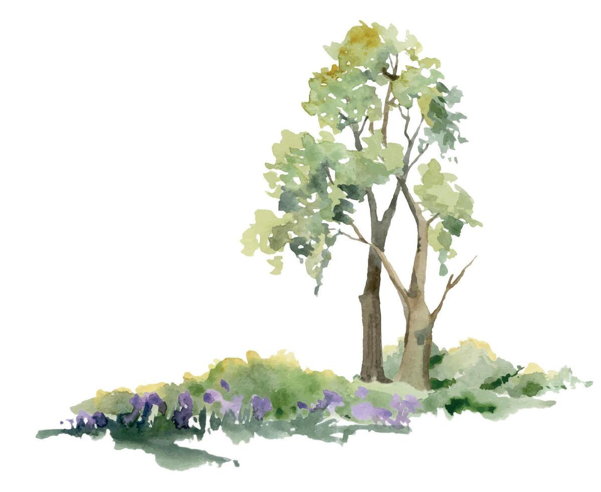 Scenery landscape of lush green foliage tree, northern forest meadow hills, bushes, purple flowers, watercolor hand drawn. Illustration for tourism maps, resort ads, hiking camping sites, vacation. vector