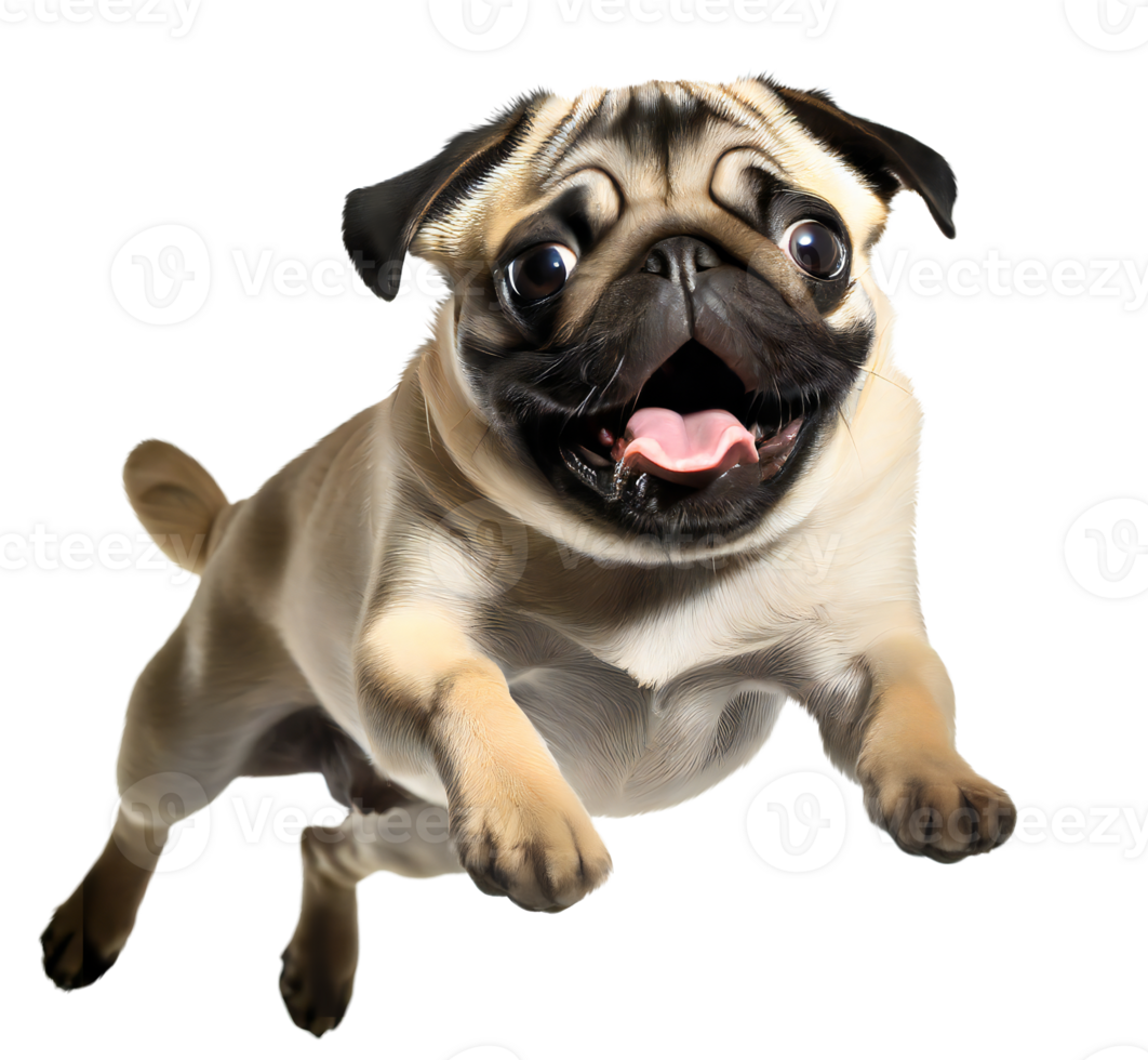Cute pug puppy jumping. Playful dog cut out at background. png