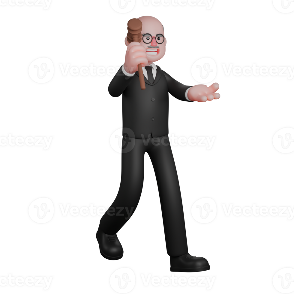 Illustrated Legal Professional. A male judge is seen walking while extending his left palm and while his right hand is raised holding the judge's hammer. 3D Male Judge png