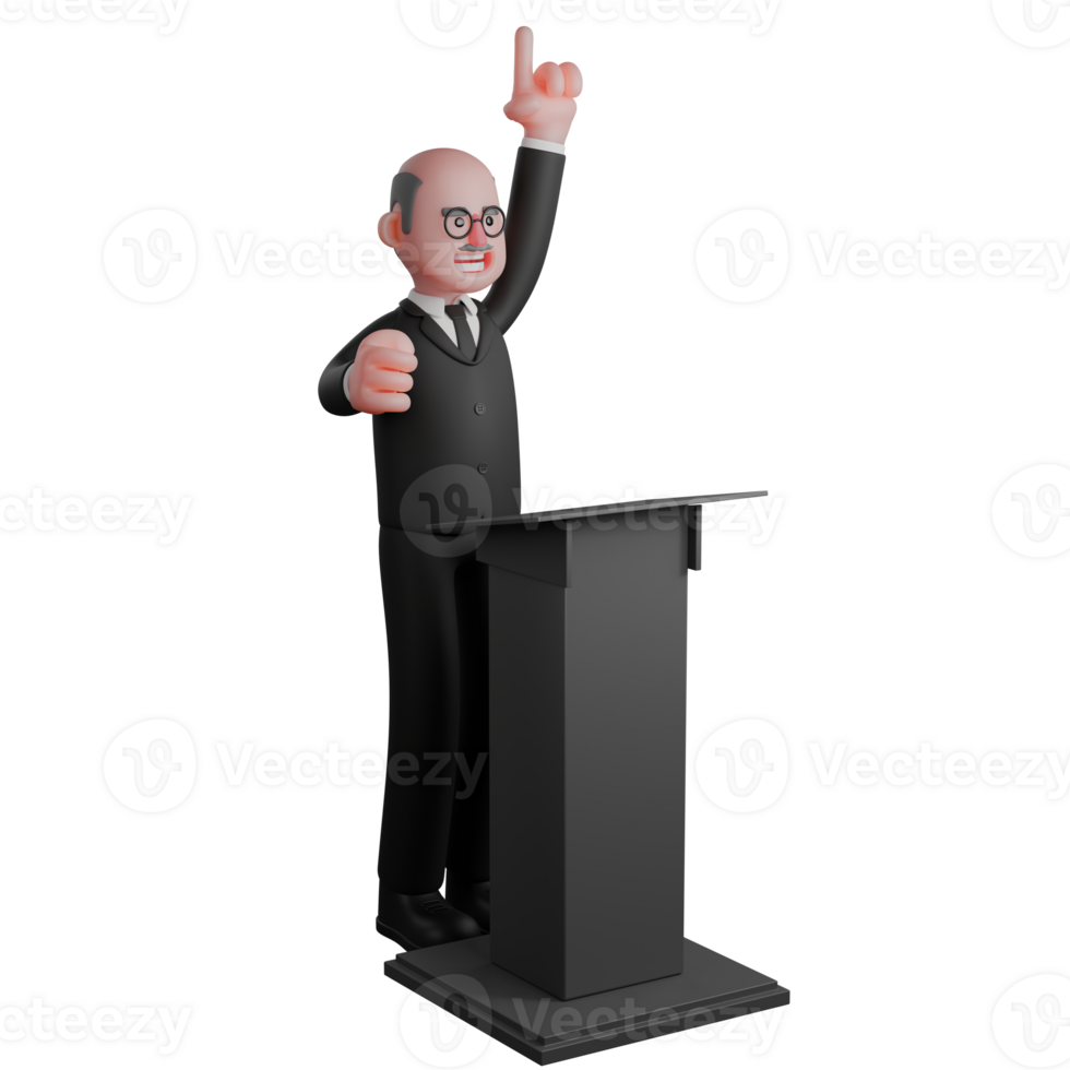 3D Urban Male. A judge stands behind the podium with his left hand pointing upwards. Judge Illustrative png