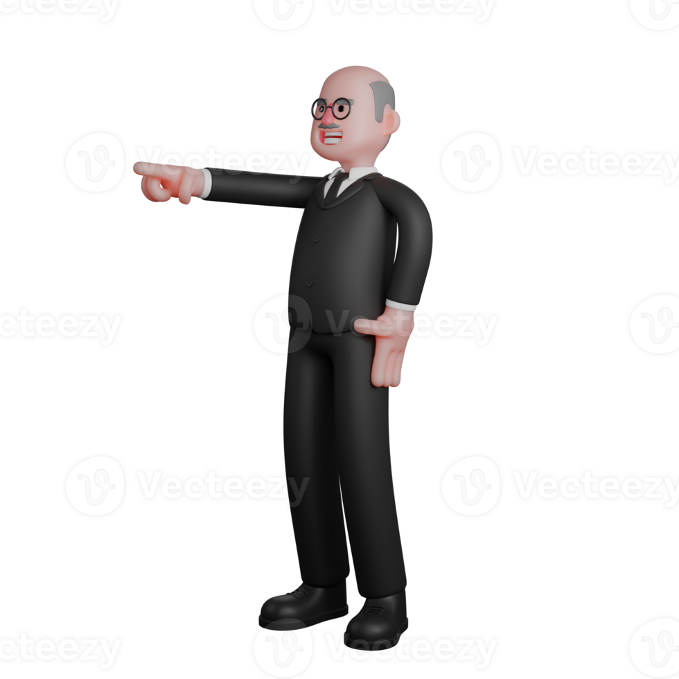Professional Judge in 3D. A judge stands with his right hand on his waist while his left hand points forward. Man png