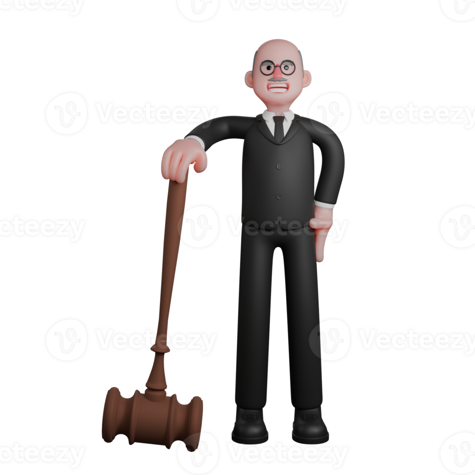 Illustrated of a Male Legal Professional. A judge stands next to a large gavel with his right hand on the gavel while his left hand is on his plate. Judge 3D png