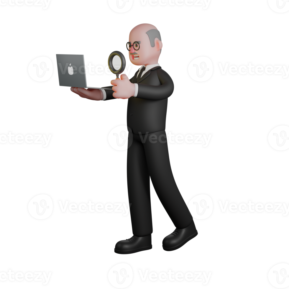 Judge Character 3D. a judge is walking with his right hand holding a laptop while his left hand is holding a magnifying glass. Illustrated Male Magistrate png
