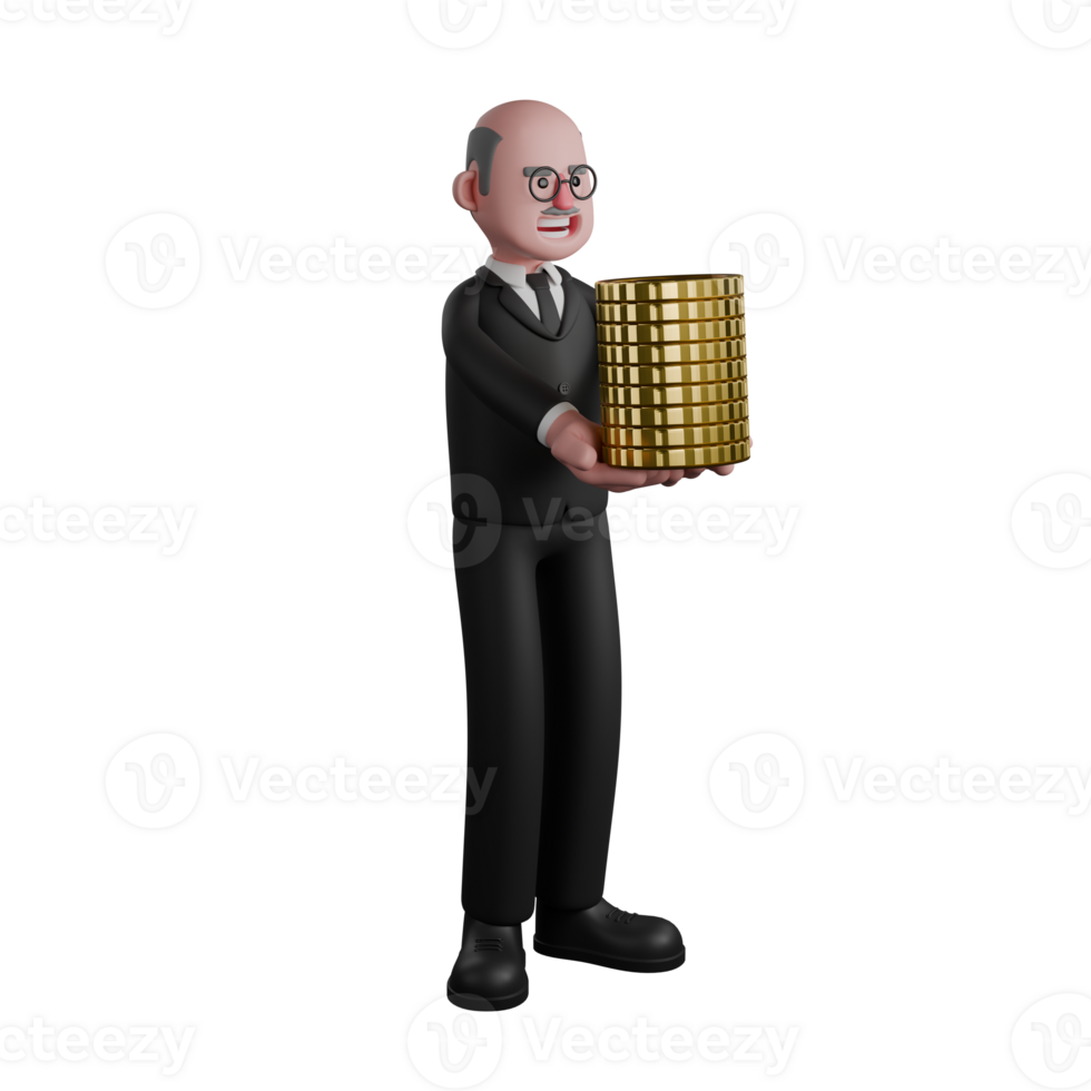 Professional Male Judge in 3D Animation. A male judge is seen standing while his hands are carrying several stacks of gold coins. Judicial png