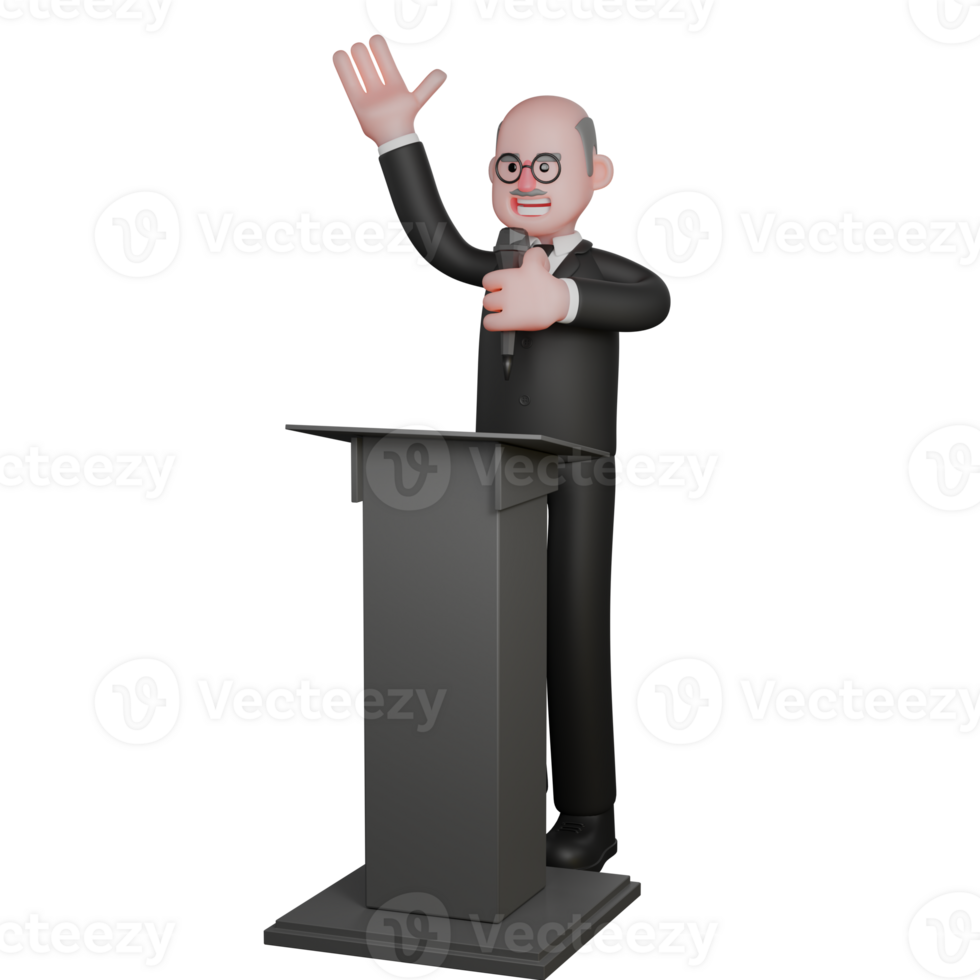 3D Male Judge. A male judge is seen standing behind the podium while talking into a microphone held in his left hand while his right hand is waving upwards. Judicial png