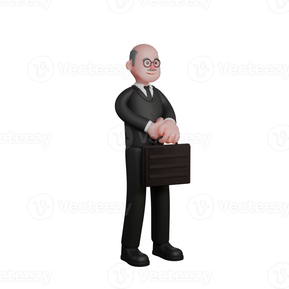 3D Male Legal Expert. a judge stands with both hands in front of his body holding a briefcase. Illustrated Judge Character png