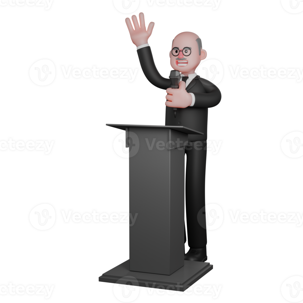 3D Cartoon Court. A judge stands behind a podium holding a microphone in his left hand and his right hand raised upwards. Male Judge png