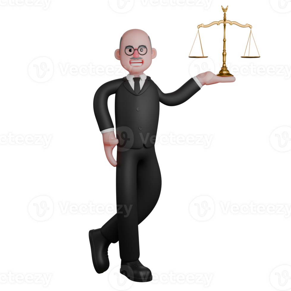 3D Judge. A male judge is seen standing with his left leg slightly bent backwards, while in the palm of his left hand there is a legal scale standing upright and while his right hand is on his waist. png