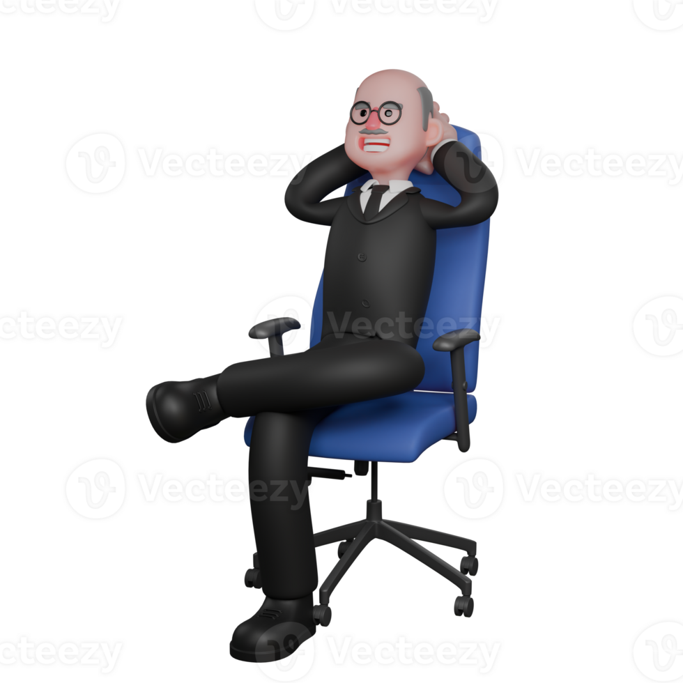 Male Judge Professional Character. A judge sits on a chair with his left leg on his right leg and both hands behind his head. 3D Illustrated png