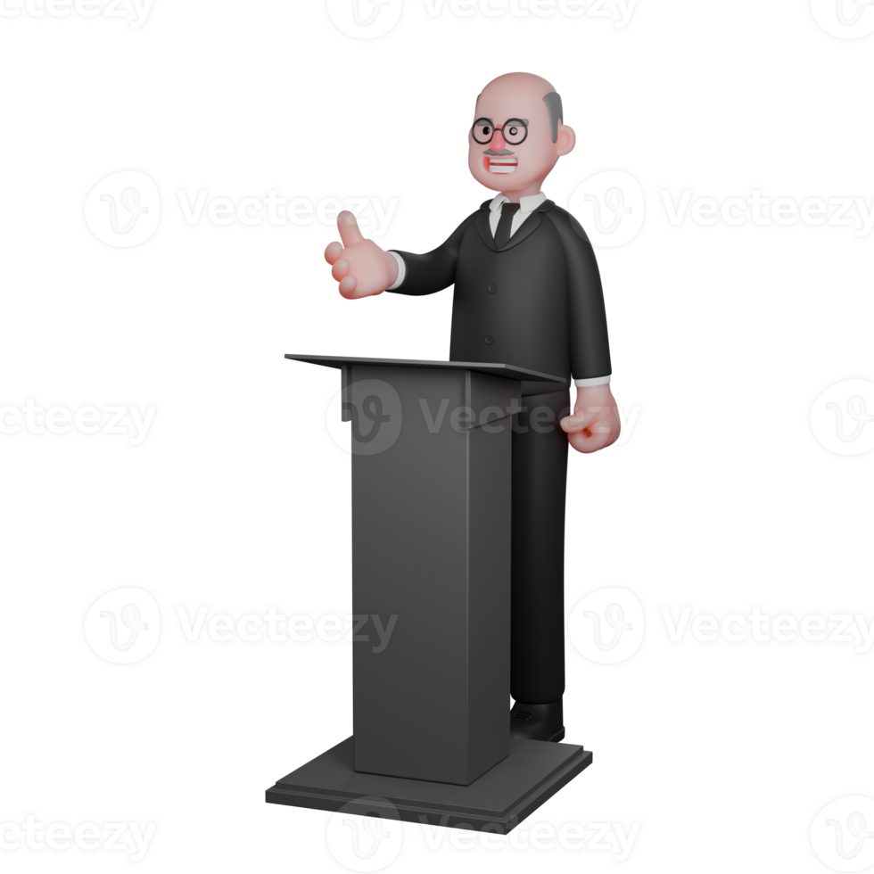 3D Law Character. A judge stands at a podium with his right hand stretched forward and giving a thumbs up, as if explaining something. Illustrated of a Male Judge png